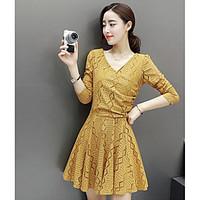 Women\'s Casual/Daily Skater Dress, Solid V Neck Above Knee ¾ Sleeve Polyester Spring High Rise Micro-elastic Thin