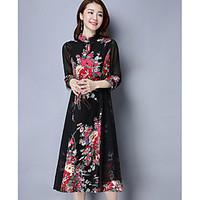 Women\'s Casual/Daily Skater Dress, Embroidered Stand Midi ¾ Sleeve Polyester Spring Summer High Rise Inelastic Thin