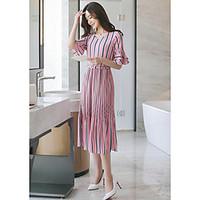 Women\'s Casual/Daily Loose Dress, Striped Round Neck Maxi ½ Length Sleeve Polyester Summer High Rise Inelastic Thin