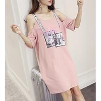 Women\'s Casual/Daily Loose Dress, Solid Round Neck Knee-length Short Sleeve Polyester Summer Low Rise Micro-elastic Thin