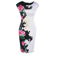 Women\'s Casual/Daily Bodycon Dress, Floral Round Neck Knee-length Sleeveless Polyester Summer Mid Rise Micro-elastic Thin