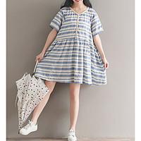 Women\'s Casual/Daily Cute Loose Dress, Striped V Neck Above Knee Short Sleeve Cotton Summer High Rise Micro-elastic Thin