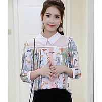 Women\'s Casual/Daily Simple Spring Summer Blouse, Floral Patchwork Shirt Collar ¾ Sleeve Others Sheer Thin