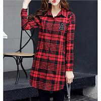 Women\'s Casual Simple Spring Shirt, Plaid/Check Stand Long Sleeve Cotton