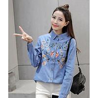 Women\'s Casual Cute Spring Shirt, Embroidered Shirt Collar Long Sleeve Denim Medium