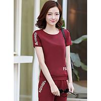 Women\'s Casual/Daily Sports Simple Active Spring T-shirt Pant Suits, Solid Round Neck Short Sleeve