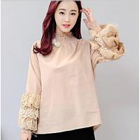 womens daily casual simple blouse solid lace crew neck long sleeve cot ...