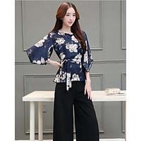 Women\'s Casual/Daily Vintage Summer T-shirt Pant Suits, Floral Round Neck Short Sleeve Inelastic