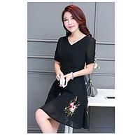 womens casual simple chiffon dress solid floral v neck knee length sho ...