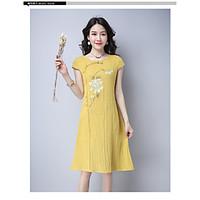 womens casual simple chiffon dress floral jewel knee length short slee ...