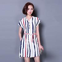 Women\'s Casual/Daily Simple Loose Dress, Striped Shirt Collar Above Knee Short Sleeve Rayon Summer High Rise Micro-elastic Thin