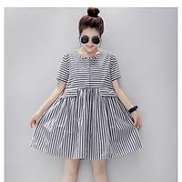 Women\'s Casual/Daily Simple A Line Dress, Striped Round Neck Knee-length Short Sleeve Linen Spring Summer High Rise Micro-elastic Thin
