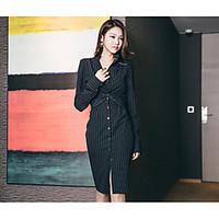 Women\'s Casual/Daily Simple Sheath Dress, Striped Stand Knee-length Long Sleeve Cotton Spring Mid Rise Micro-elastic Medium