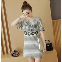 Women\'s Casual A Line Dress, Striped Round Neck Midi Short Sleeve Others Summer Mid Rise Micro-elastic Thin