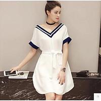 Women\'s Casual/Daily Simple Skater Dress, Solid V Neck Knee-length Short Sleeve Cotton Summer High Rise Micro-elastic Thin