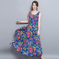 Women\'s Casual/Daily Swing Dress, Print Round Neck Midi Sleeveless Cotton Summer Mid Rise Inelastic Medium