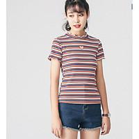 Women\'s Casual/Daily Simple T-shirt, Striped Crew Neck Short Sleeve Cotton