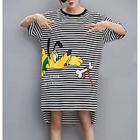 Women\'s Casual/Daily Cute Loose Dress, Striped Round Neck Above Knee Short Sleeve Cotton Summer Mid Rise Micro-elastic Thin
