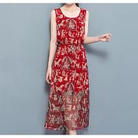 Women\'s Casual/Daily Simple A Line Dress, Print Round Neck Midi Sleeveless %Wool10%Mulberry silk Summer Mid Rise Micro-elastic Medium