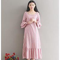 Women\'s Casual/Daily Simple Loose Dress, Print Round Neck Midi ½ Length Sleeve Cotton Summer Mid Rise Micro-elastic Medium
