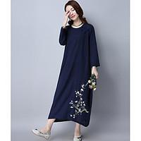 Women\'s Casual/Daily Vintage Loose Dress, Embroidered Round Neck Maxi Long Sleeve Linen Spring Mid Rise Inelastic Medium