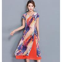 womens casualdaily chinoiserie chiffon dress print round neck midi sho ...