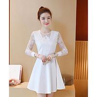 Women\'s Casual/Daily Cute A Line Dress, Solid Round Neck Above Knee Long Sleeve Polyester Lace Spring Mid Rise Micro-elastic Medium