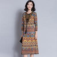 womens casualdaily chinoiserie loose dress print round neck midi sleev ...