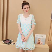 Women\'s Casual/Daily Loose Dress, Polka Dot Round Neck Above Knee Short Sleeve Organza Summer High Rise Inelastic Thin