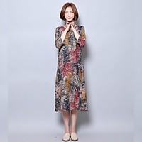 Women\'s Casual/Daily Loose Dress, Print Round Neck Midi ½ Length Sleeve Silk Summer Mid Rise Micro-elastic Thin