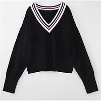Women\'s Daily Regular Pullover, Solid Striped Round Neck Long Sleeve Cotton Fall Winter Medium Micro-elastic