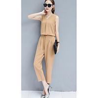 womens going out sexy summer tank top pant suits solid round neck slee ...