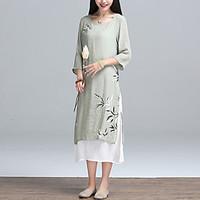 Women\'s Casual/Daily Shift Dress, Solid Floral Round Neck Midi Long Sleeve Cotton Linen Spring Summer Mid Rise Micro-elastic Thin