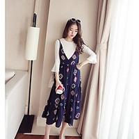 Women\'s Casual/Daily Simple Two Piece Dress, Print V Neck Maxi ½ Length Sleeve Polyester Summer High Rise Micro-elastic Thin