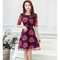 Women\'s Casual/Daily A Line Dress, Floral Round Neck Above Knee Short Sleeve Cotton Summer Mid Rise Micro-elastic Thin