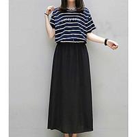 Women\'s Casual/Daily Simple Swing Dress, Striped Round Neck Maxi Short Sleeve Rayon Summer Mid Rise Inelastic Thin