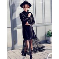 Women\'s Going out A Line Dress, Solid Stand Midi Long Sleeve Others Summer Mid Rise Micro-elastic Medium