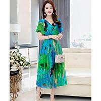Women\'s Casual/Daily Swing Dress, Print V Neck Maxi Short Sleeve Rayon Summer High Rise Inelastic Thin