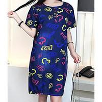 Women\'s Plus Size Loose Dress, Print Round Neck Knee-length Short Sleeve Rayon Summer Mid Rise Inelastic Thin