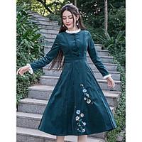 Women\'s Going out Swing Dress, Solid Stand Midi Long Sleeve Others Spring Summer Mid Rise Micro-elastic Medium