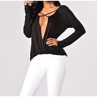 womens casualdaily simple t shirt solid deep v long sleeve silk cotton