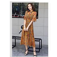 womens daily casual swing dress floral crew neck midi length sleeve po ...