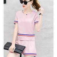 Women\'s Casual/Daily Simple Spring Summer T-shirt Pant Suits, Solid Striped Round Neck Short Sleeve