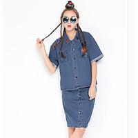 Women\'s Casual/Daily Simple Spring T-shirt Skirt Suits, Print Square Neck Short Sleeve Denim Inelastic