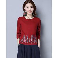 womens casual vintage spring shirt embroidered round neck long sleeve  ...