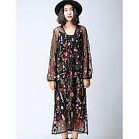 Women\'s Going out Loose Dress, Floral Shirt Collar Maxi Long Sleeve Others Summer Mid Rise Inelastic Thin