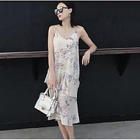 Women\'s Daily Casual Chiffon Dress, Botanical V Neck Midi Sleeveless Chiffon Summer Mid Rise Inelastic Thin