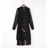 Women\'s Casual/Daily Shift Dress, Polka Dot Round Neck Knee-length Long Sleeve Polyester Summer Mid Rise Inelastic Thin