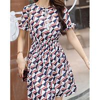 Women\'s Daily Casual A Line Dress, Geometric Botanical Round Neck Above Knee Short Sleeve Chiffon Summer Mid Rise Inelastic Thin