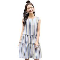 Women\'s Daily Casual Cute Loose Dress, Floral Round Neck Knee-length Sleeveless Chiffon Summer Mid Rise Inelastic Thin